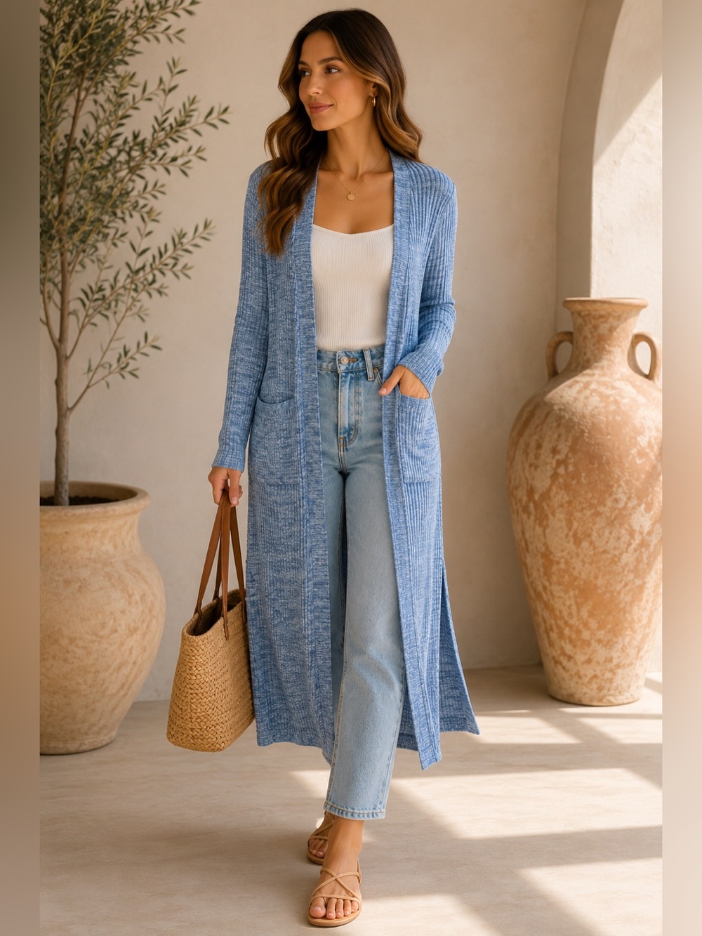 Autumn Cashmere Cotton Blend Blue Heathered Ribbed Cardigan